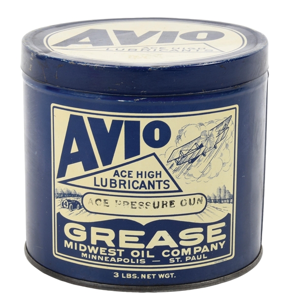 AVIO PRESSURE GUN GREASE THREE POUND CAN W/ AIRPLANE GRAPHIC. 