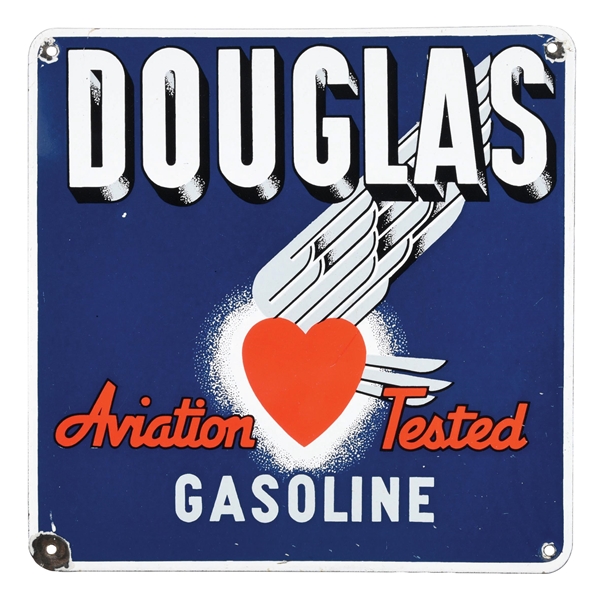 DOUGLAS AVIATION TESTED GASOLINE PORCELAIN PUMP PLATE SIGN. 