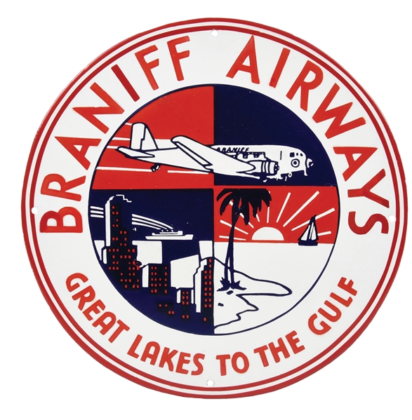 BRANIFF AIRWAYS PORCELAIN SIGN W/ AIRPLANE GRAPHIC. 