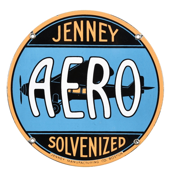 JENNEY AERO PORCELAIN PUMP PLATE SIGN W/ AIRPLANE GRAPHIC. 