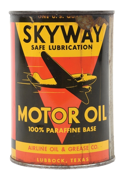 SKYWAY MOTOR OIL ONE QUART CAN W/ AIRPLANE GRAPHIC. 