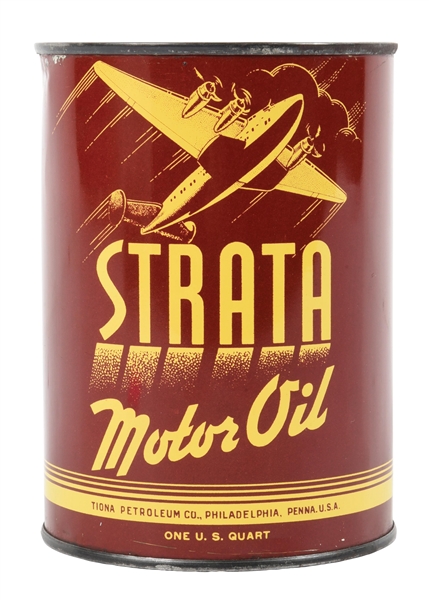 STRATA MOTOR OIL ONE QUART CAN W/ AIRPLANE GRAPHIC. 