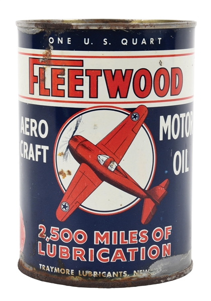 FLEETWOOD AERO CRAFT MOTOR OIL ONE QUART CAN W/ AIRPLANE GRAPHIC. 