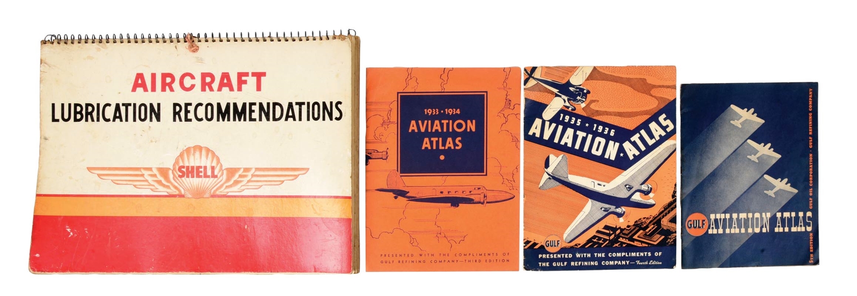 COLLECTION OF 4: GULF AVIATION ATLAS & SHELL AVIATION LUBRICATION BOOKS.