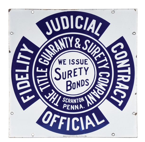 TITLE GUARANTY & SURETY COMPANY BONDS PORCELAIN SIGN. 