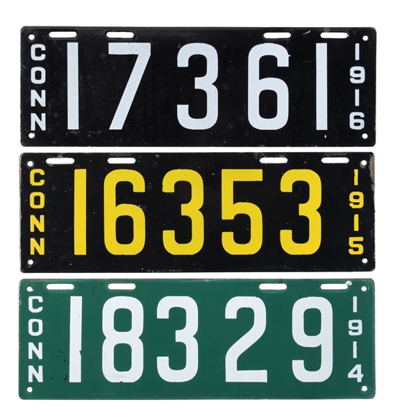 COLLECTION OF 3: PORCELAIN CONNECTICUT LICENSE PLATES.