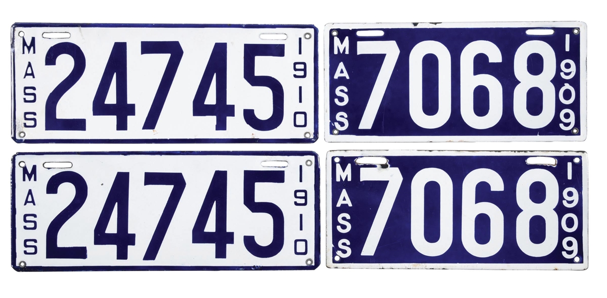 COLLECTION OF 4: 2 MATCHING PAIR OF PORCELAIN LICENSE PLATES MASS ISSUED 1909/1910.