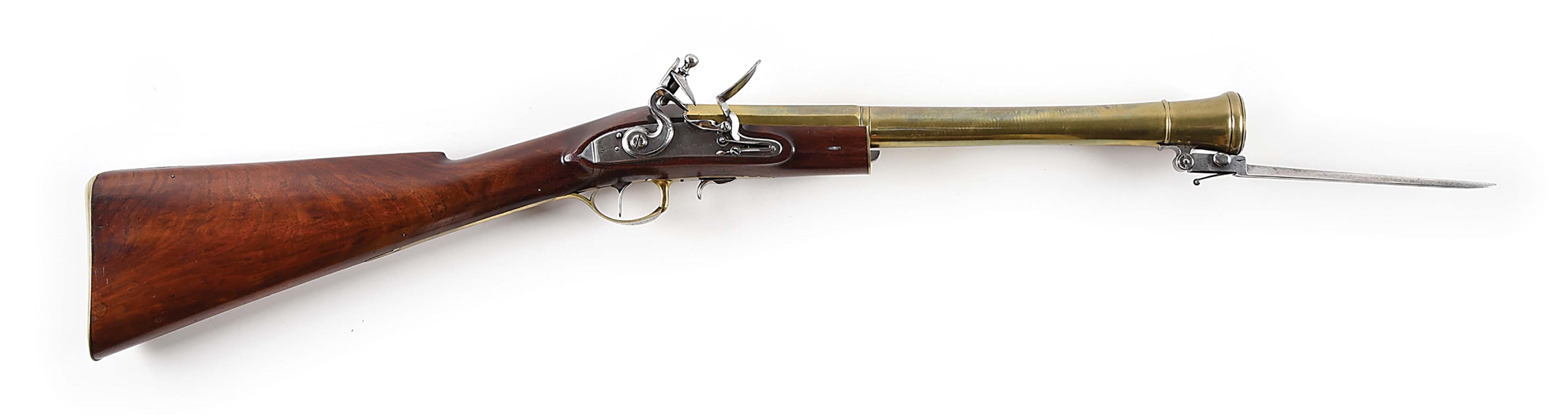 (A) SCARCE ENGLISH HALF-STOCK FLINTLOCK BLUNDERBUSS BY BRASHER, WITH FOLDING BAYONET 