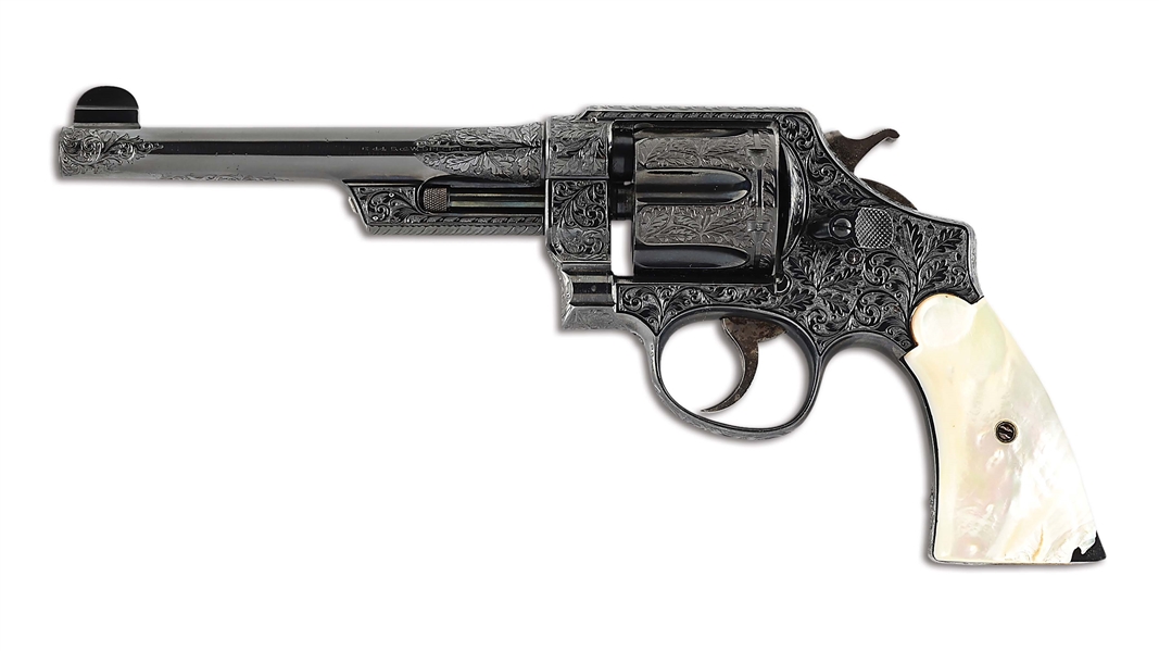 (C) A WELL ENGRAVED SMITH & WESSON TRIPLE LOCK .44 S&W SPECIAL DOUBLE ACTION REVOLVER WITH MOTHER OF PEARL GRIPS.