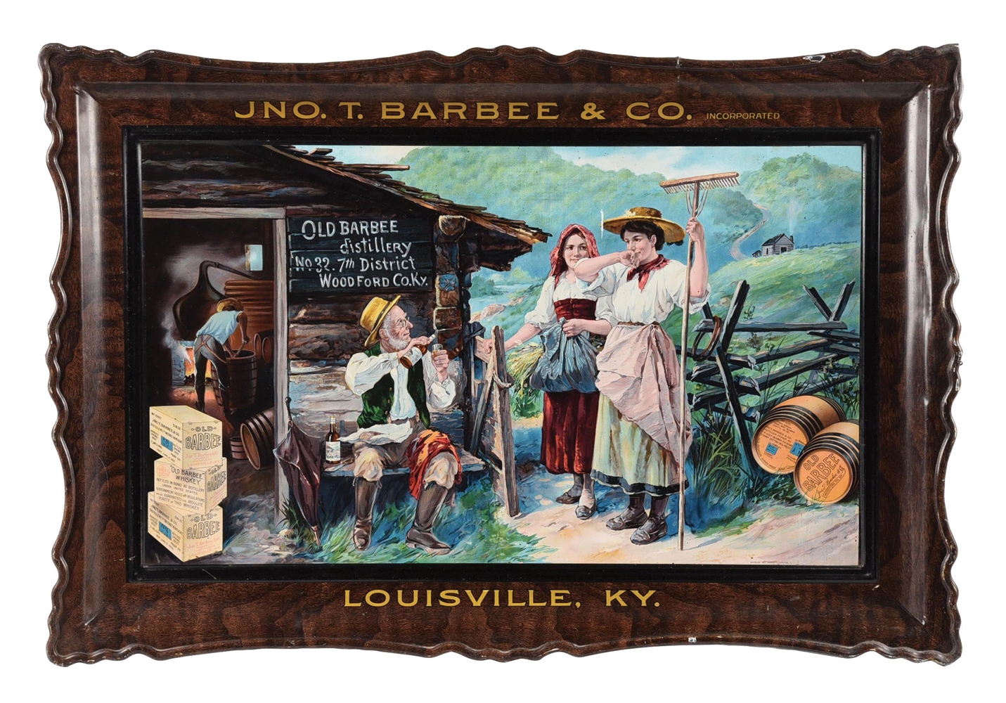 TIN JNO. T. BARBEE & CO. SIGN W/ DISTILLERY GRAPHIC