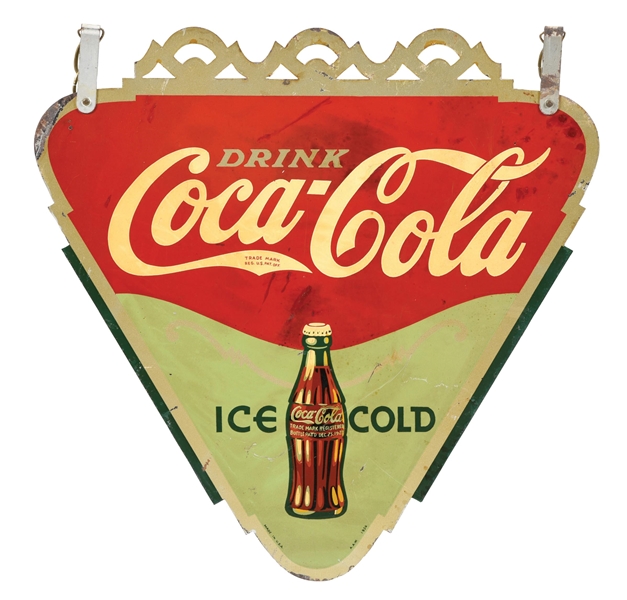 TIN COCA-COLA TRIANGLE SIGN W/ BOTTLE GRAPHIC