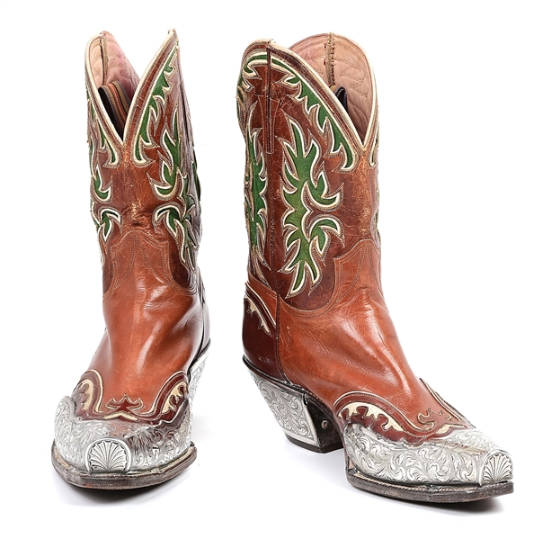 A PAIR OF TWO-TONE BROWN INLAID COWBOY BOOTS