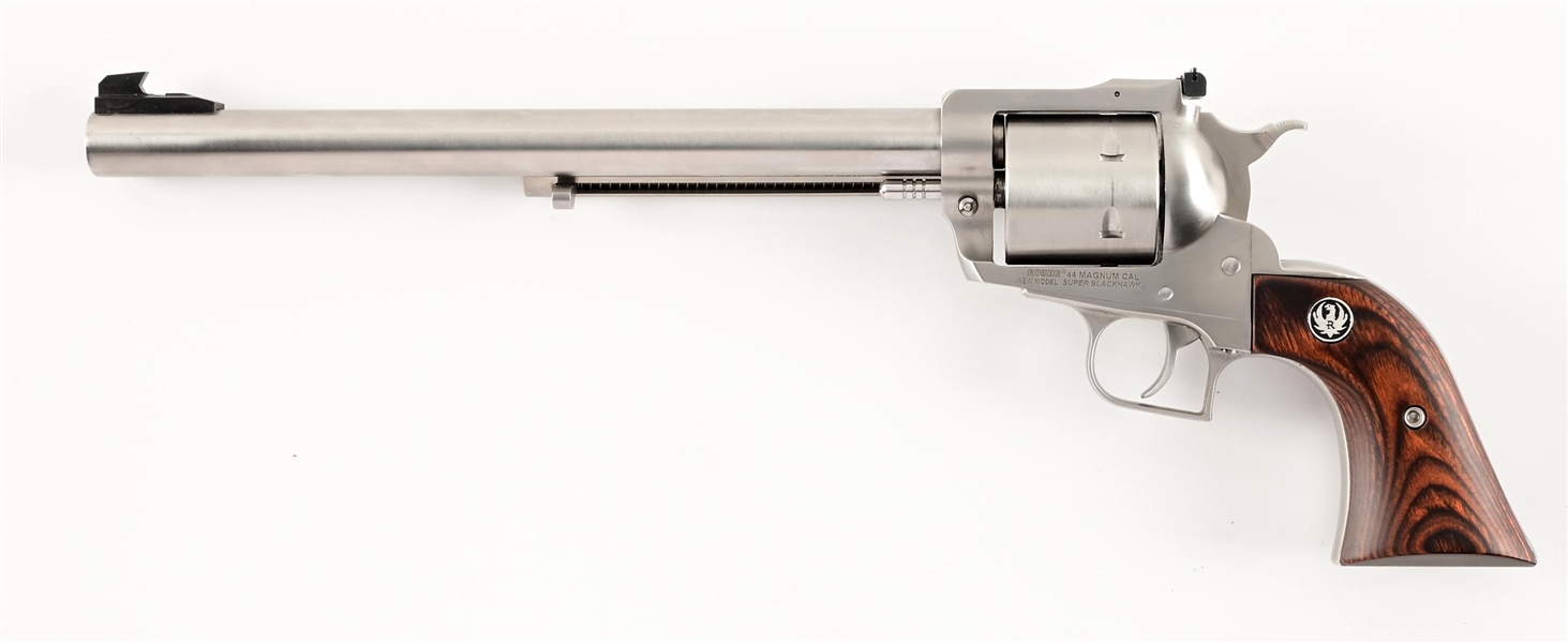 (M) BOXED STAINLESS RUGER SUPER BLACKHAWK, SINGLE ACTION REVOLVER 