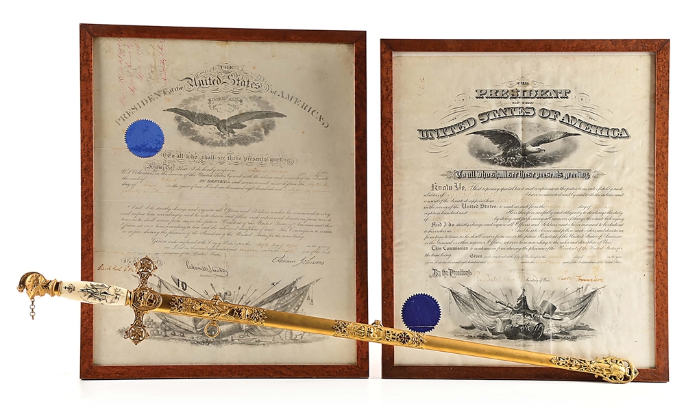 LOT OF 3: 2 SIGNED OFFICER COMMISSIONS AND FRATERNAL SWORD OF COL. A.P. MORROW