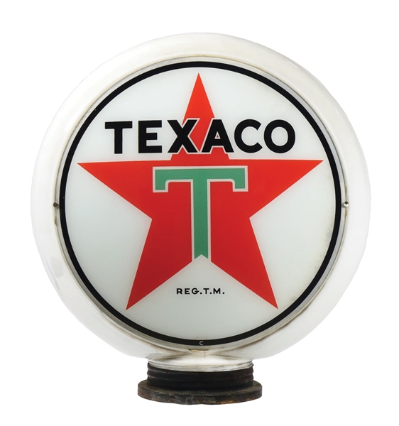 TEXACO GASOLINE COMPLETE 13.5" GLOBE ON NARROW MILK GLASS BODY W/ THREADED BASE.