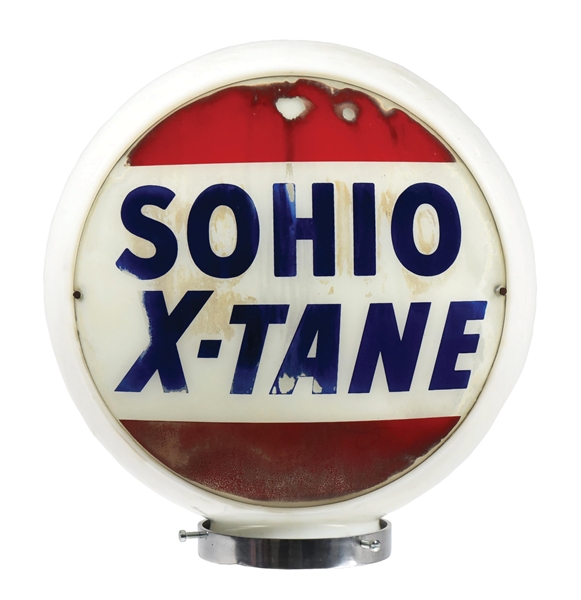 SOHIO "X-TANE" GASOLINE COMPLETE 13.5" GLOBE ON WIDE MILK GLASS BODY.