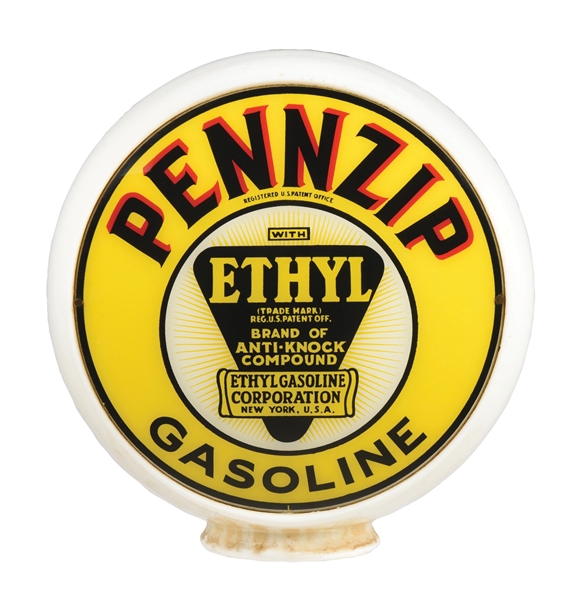 PENNZIP ETHYL GASOLINE COMPLETE 13.5" GLOBE ON WIDE MILK GLASS BODY. 