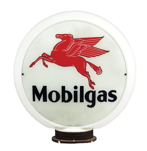 MOBILGAS GASOLINE SINGLE 13.5" GLOBE LENS ON NARROW MILK GLASS BODY W/ SCREW BASE.