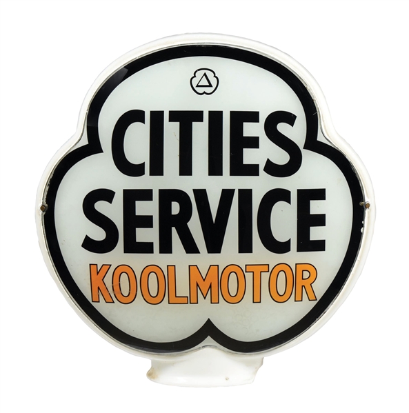 CITIES SERVICE KOOLMOTOR GASOLINE CLOVER SHAPED LENS ON MILK GLASS BODY. 