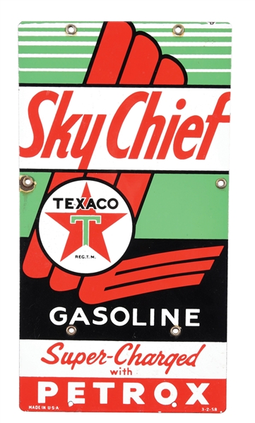 SKY CHIEF GASOLINE SUPER-CHARGED WITH PETROX PORCELAIN PUMP PLATE.