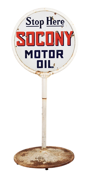 STOP HERE SOCONY MOTOR OIL PORCELAIN LOLLIPOP SIGN.