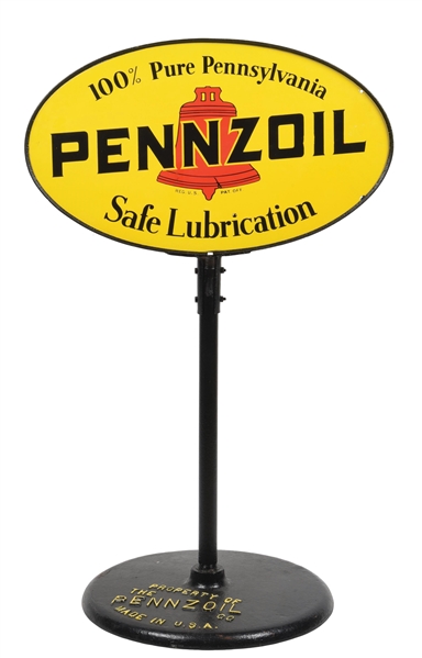 PENNZOIL SAFE LUBRICATION PORCELAIN LOLLIPOP SIGN W/ BASE.