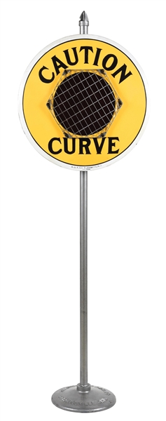 PORCELAIN "CAUTION CURVE" LIGHTHOUSE SIGN W/ BASE.