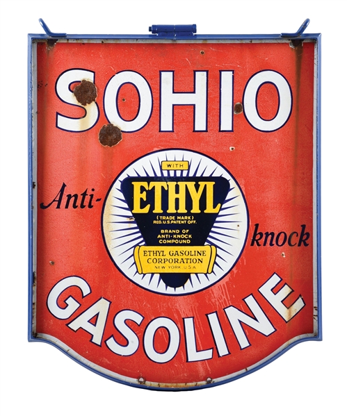 SOHIO ETHYL GASOLINE PORCELAIN SIGN W/ CUSTOM RING. 