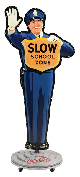 COCA-COLA SLOW SCHOOL ZONE CROSSING GUARD TIN SIGN.