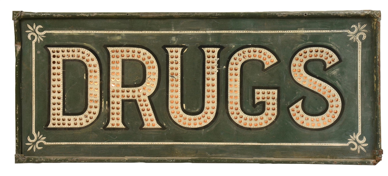 INCREDIBLE EARLY PUNCHED TIN "DRUGS" LIGHT UP SIGN. 