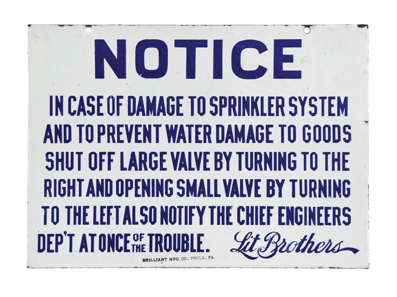 LIT BROTHERS SPRINKLER SYSTEM PORCELAIN SIGN. 