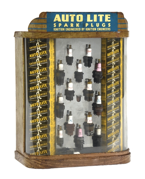 AUTO LITE SPARK PLUGS TIN & GLASS COUNTER TOP DISPLAY CABINET. 