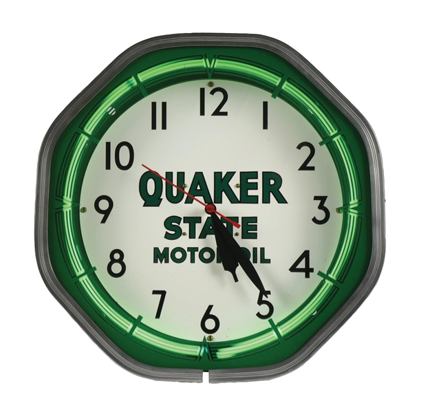 QUAKER STATE MOTOR OIL NEON ADVERTISING CLOCK. 