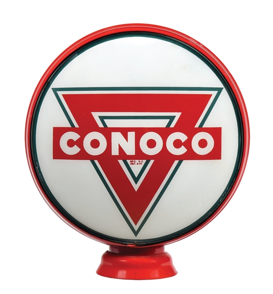 CONOCO GASOLINE COMPLETE 15" GLOBE ON METAL LOW PROFILE BODY. 