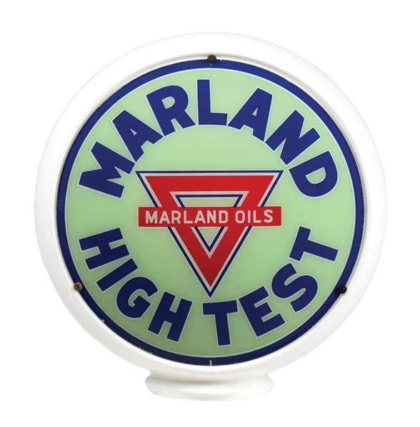 MARLAND HIGH TEST GASOLINE COMPLETE 13.5" GLOBE ON WIDE BALCRANK GLASS BODY.