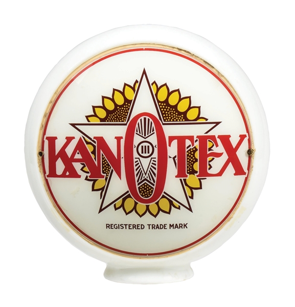 KANOTEX GASOLINE SINGLE 13.5" GLOBE LENS ON WIDE GLASS MILK BODY.