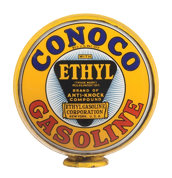 CONOCO ETHYL GASOLINE 15" SINGLE LENS ON ORIGINAL LOW PROFILE METAL BODY. 