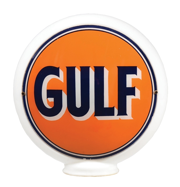 GULF GASOLINE COMPLETE 13.5" GLOBE ON NARROW MILK GLASS BODY. 