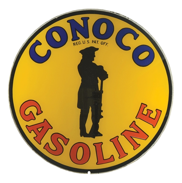 CONOCO GASOLINE 15" SINGLE GLOBE LENS W/ MINUTEMAN GRAPHIC. 