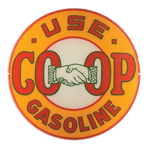 USE CO-OP GASOLINE SINGLE 13.5" GLOBE LENS W/ HAND SHAKING GRAPHIC. 