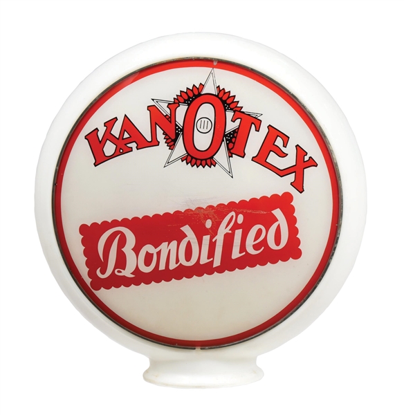 KANOTEX BONDIFIED COMPLETE 13.5" GLOBE ON BANDED MILK GLASS BODY. 