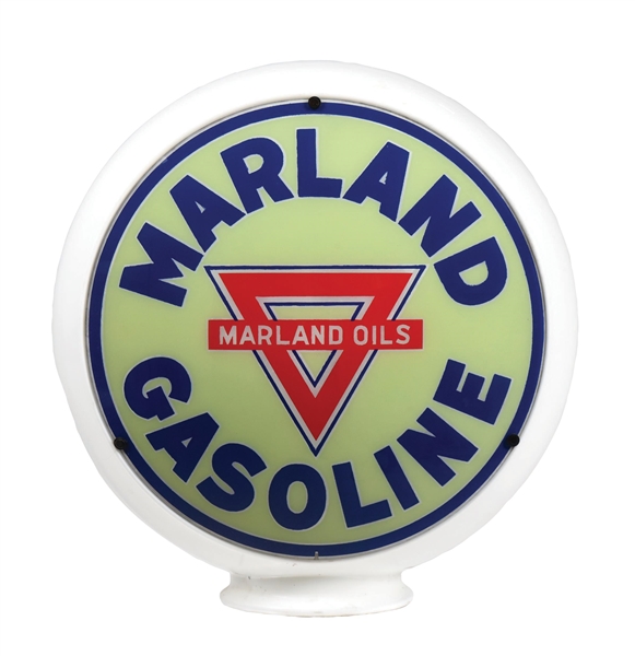 MARLAND GASOLINE COMPLETE 13.5" GLOBE ON BALCRANK MILK GLASS BODY.