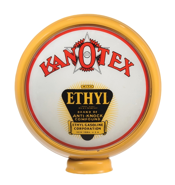 KANOTEX ETHYL GASOLINE SINGLE 15" GLOBE LENS ON METAL HIGH PROFILE BODY. 