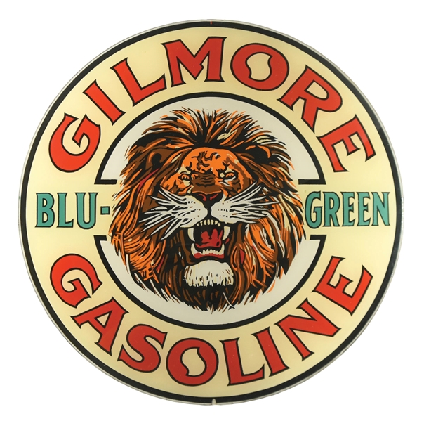 OUTSTANDING GILMORE "BLU-GREEN" GASOLINE 15" GLOBE LENS W/ LION GRAPHIC. 