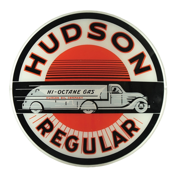 HUDSON REGULAR GASOLINE SINGLE 13.5" GLOBE LENS W/ TANKER TRUCK GRAPHIC.