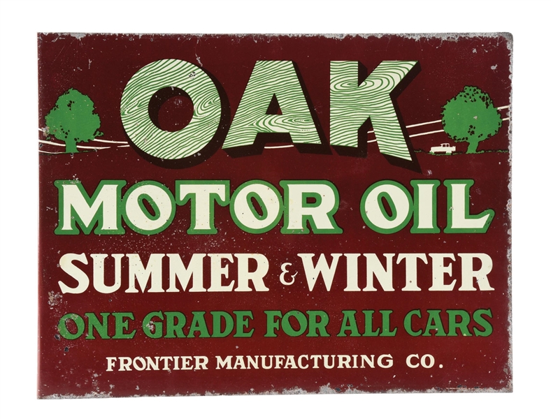 OAK MOTOR OIL TIN SERVICE STATION FLANGE SIGN W/ CAR & TREE GRAPHICS. 