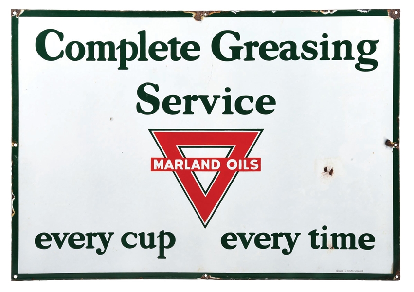 MARLAND OILS COMPLETE GREASING SERVICE PORCELAIN SIGN.