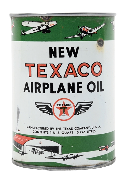 RARE TEXACO AIRPLANE MOTOR OIL ONE QUART CAN W/ AIRFIELD GRAPHIC. 