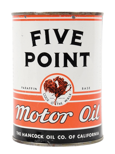 RARE HANCOCK FIVE POINT MOTOR OIL ONE QUART CAN W/ FULL FEATHERED ROOSTER GRAPHIC. 