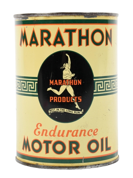 MARATHON ENDURANCE MOTOR OIL ONE QUART CAN W/ RUNNER GRAPHIC. 